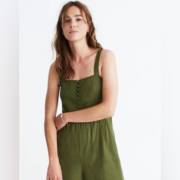 Madewell Overalls Size 00 Wide Leg Ankle Crop Jumpsuit Cotton Linen Green - Picture 2 of 12